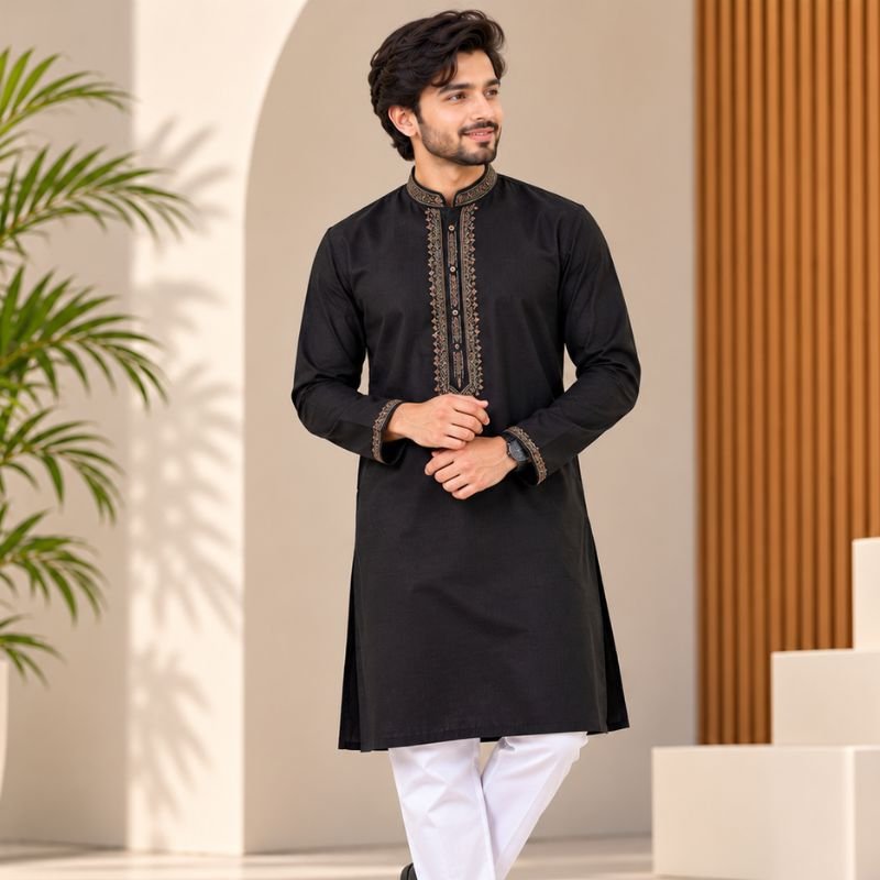 Riyasat BD black embroidered men's punjabi