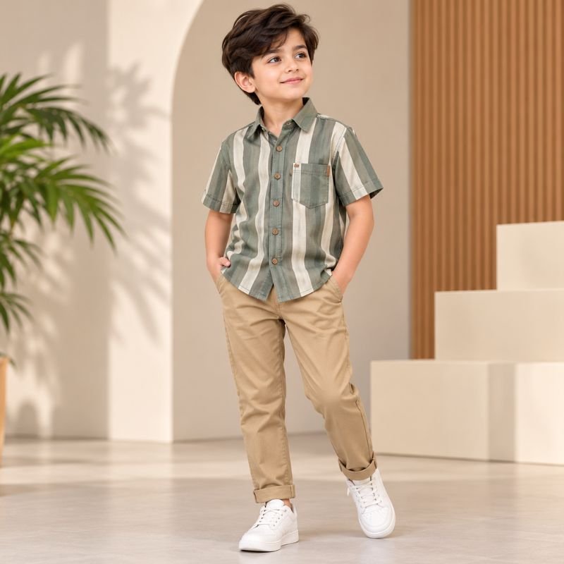 Riyasat BD boyswear featuring a sage green striped shirt, khaki pants,
