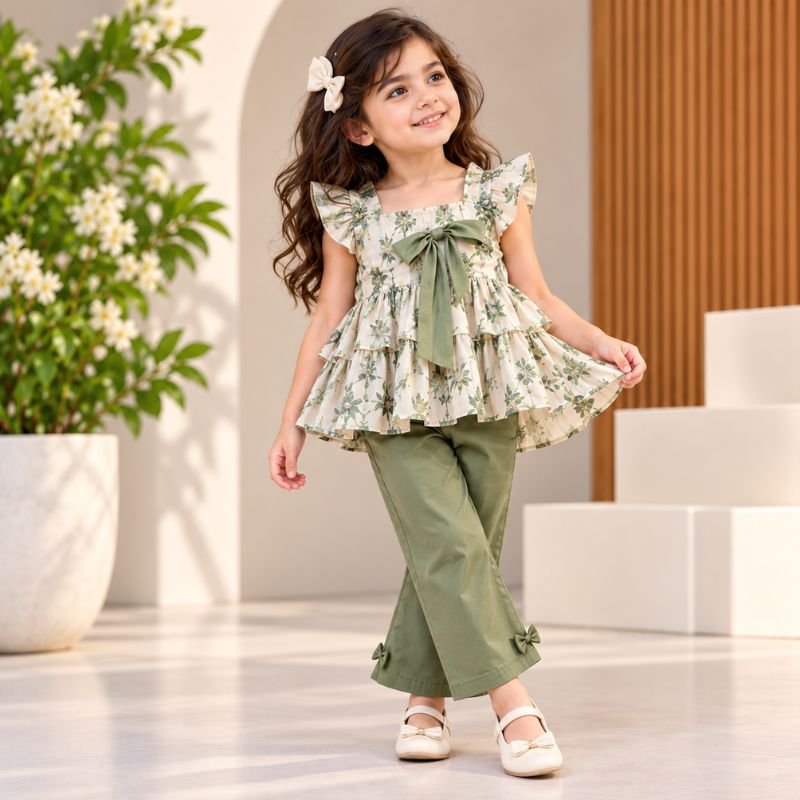 Girls cream floral ruffle top with sage green bow, matching green pants,
