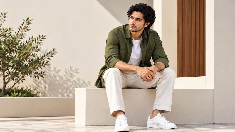 Riyasat BD men's olive green button-down shirt styled with a white T-shirt in a minimalist outdoor setting