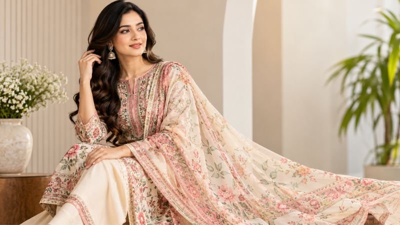 Riyasat BD pastel floral three-piece suit for women featuring a cream outfit with pink floral prints, embroidered borders, and a matching flowing dupatta