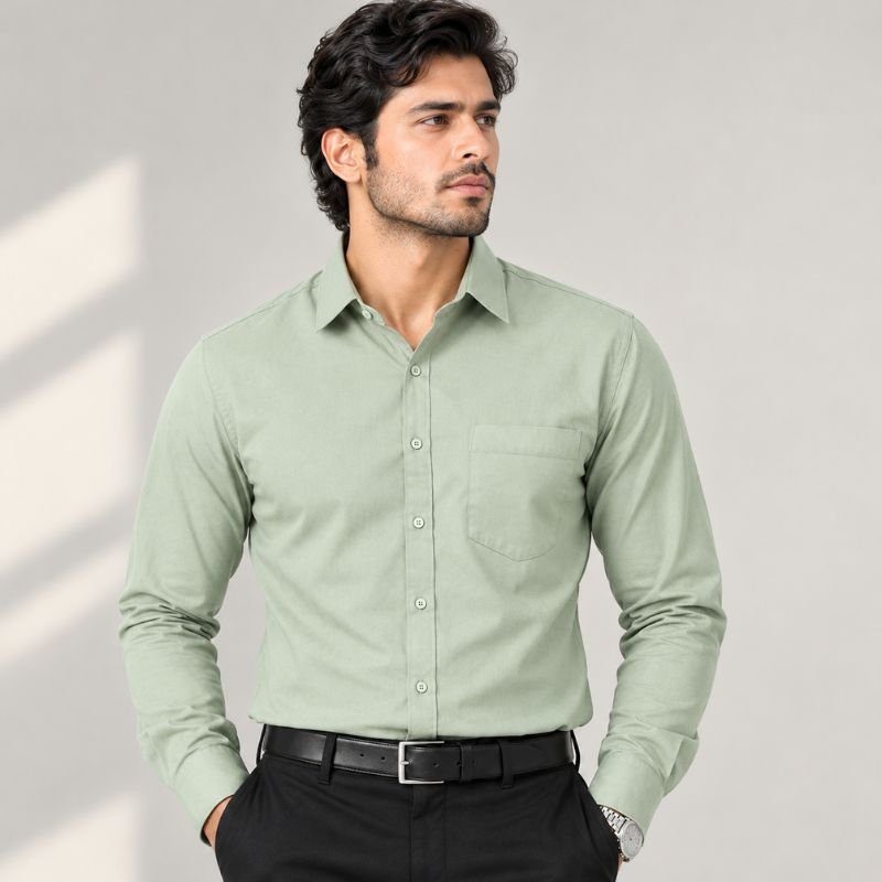 Men's sage green long-sleeve button-down shirt with a chest pocket by Riyasat BD