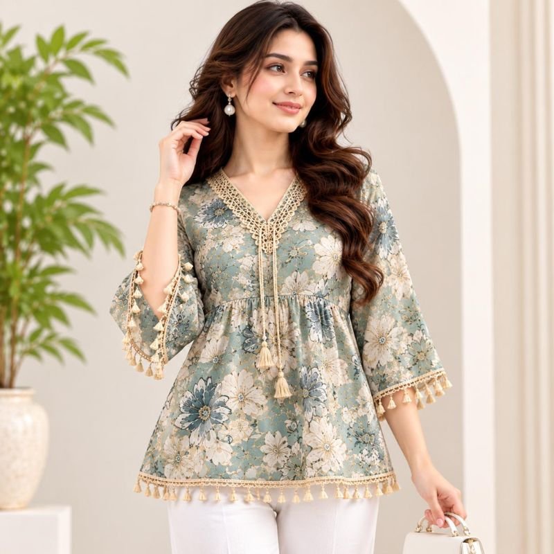 : Women's Sage Green Floral Printed Top with Lace Neck
