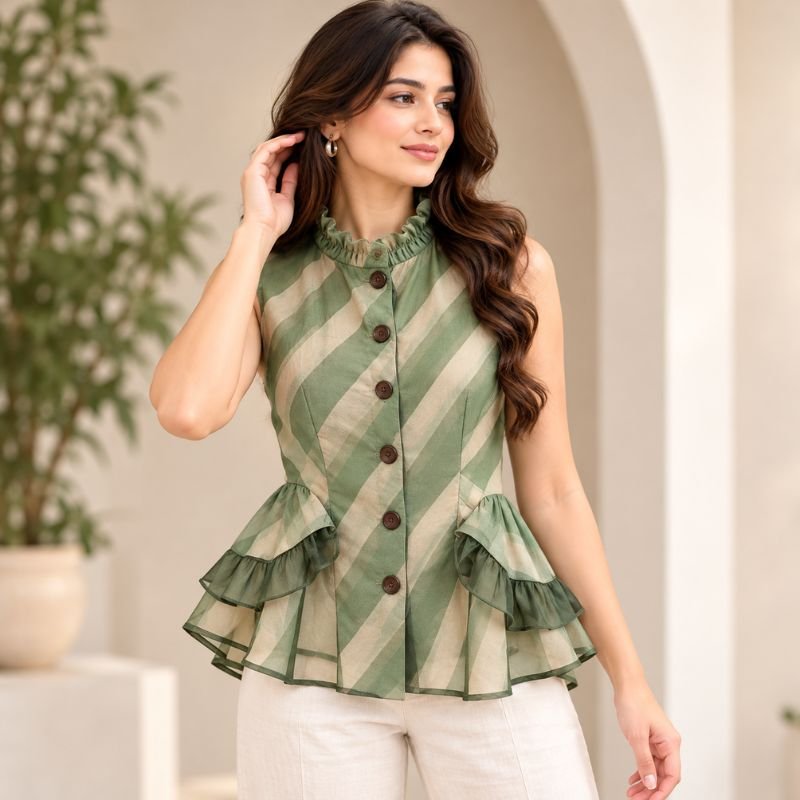 Women's Sage Green and Cream Striped Sleeveless Top with Ruffled Collar and Layered Peplum Hem